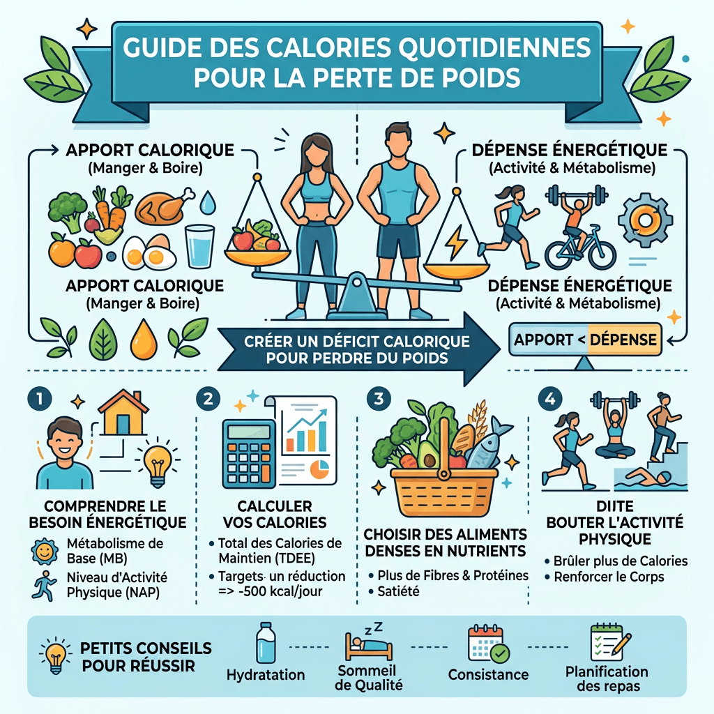 Guide illustrating calorie intake versus expenditure for weight loss with steps to understand energy needs, calculate calories, choose nutrient-dense foods, and boost physical activity